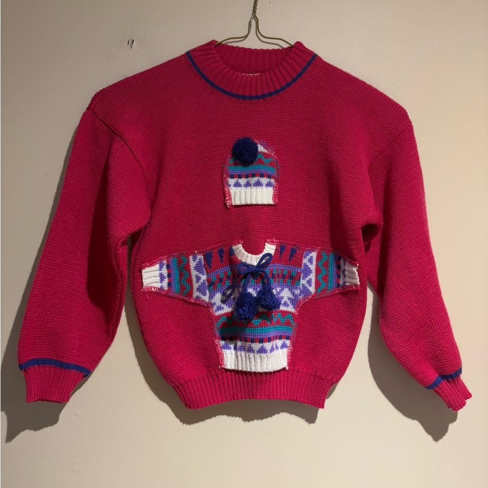 Vintage Sears Kids Pink Sweater With Tiny Sweater & Hat Applique Doll Holder? 6x